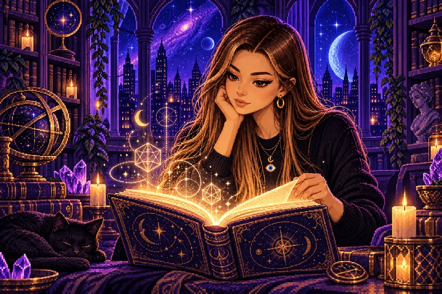El personaje de Jazmín con un libro luminoso en una biblioteca cósmica, en pixel art