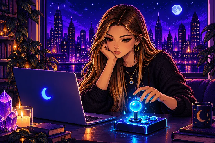 El personaje de Jazmín frente a un joystick luminoso, en pixel art