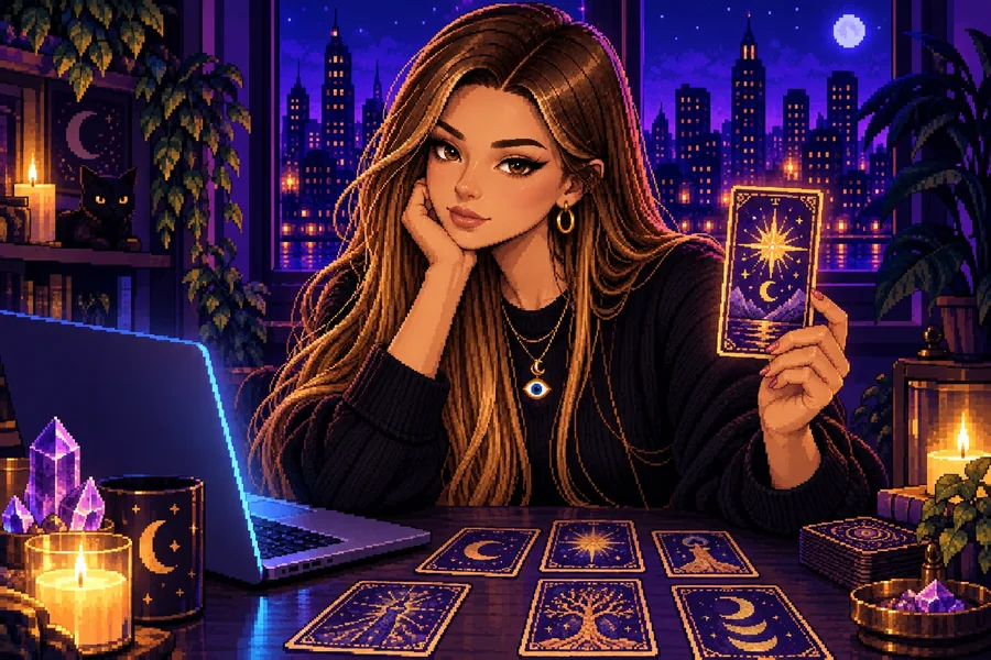 El personaje de Jazmín durante una lectura de tarot, en pixel art