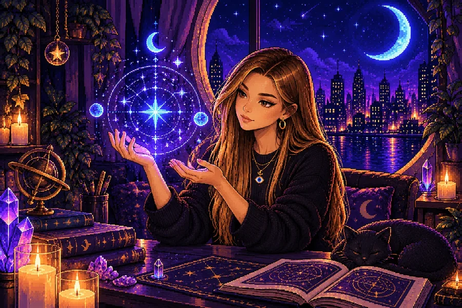 El personaje de Jazmín con un mapa astral luminoso, en pixel art